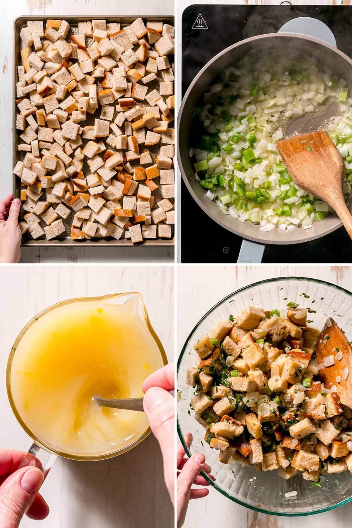 Bread cubes on pan, onion and celery sautéing in butter, whisking eggs and broth, mixing ingredients together in a large bowl. 