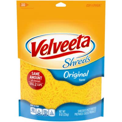 Velveeta original cheese shreds packaging.