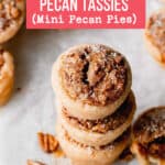 A stack of gluten free pecan tassies showing the tops.