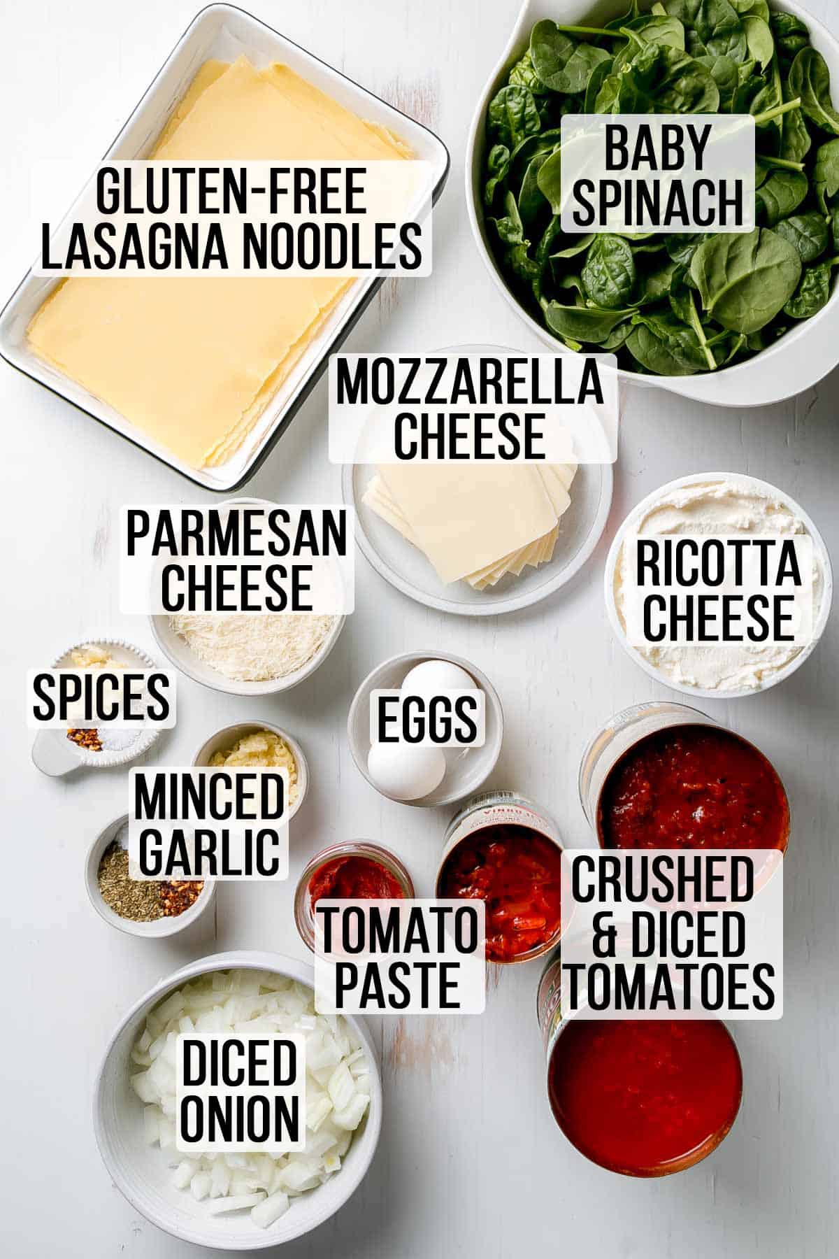 Ingredients for gluten-free vegetarian lasagna measured out in bowls.