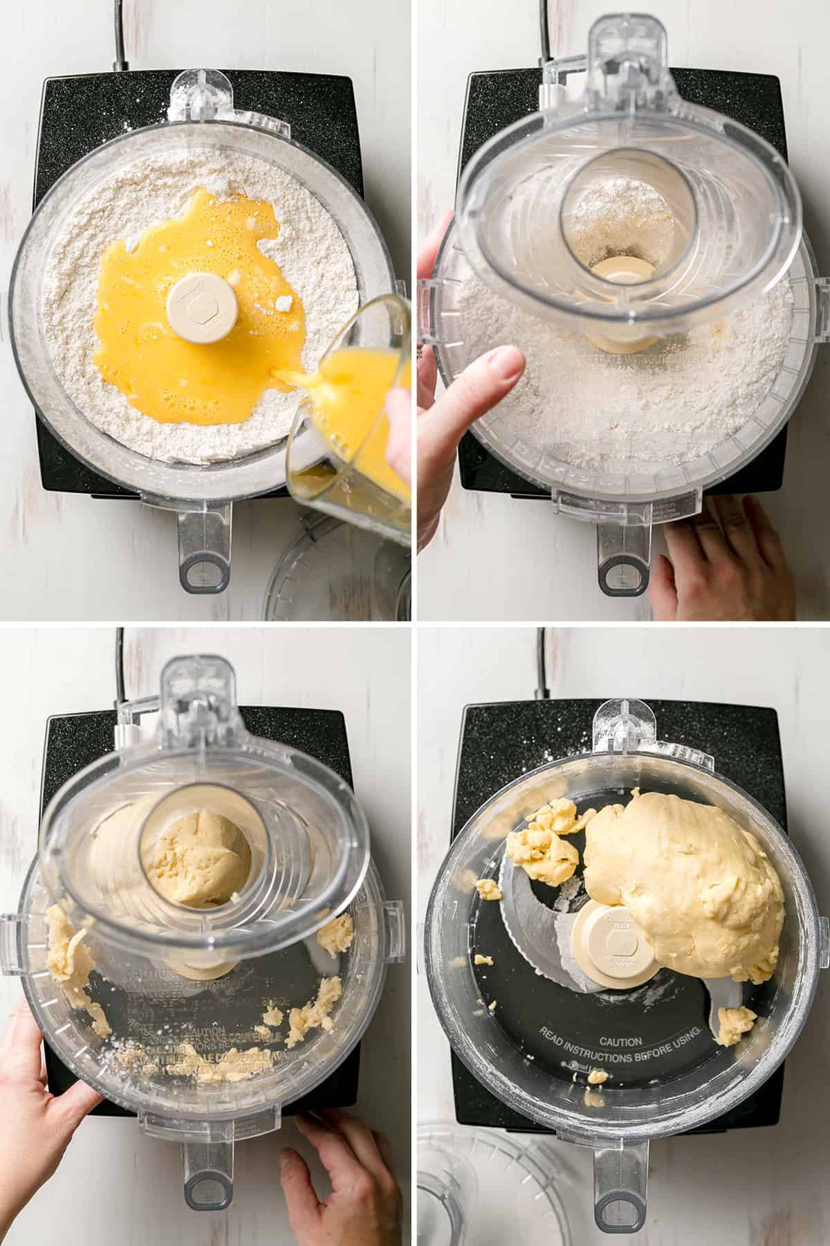 Mixing pasta dough in food processor bowl. 