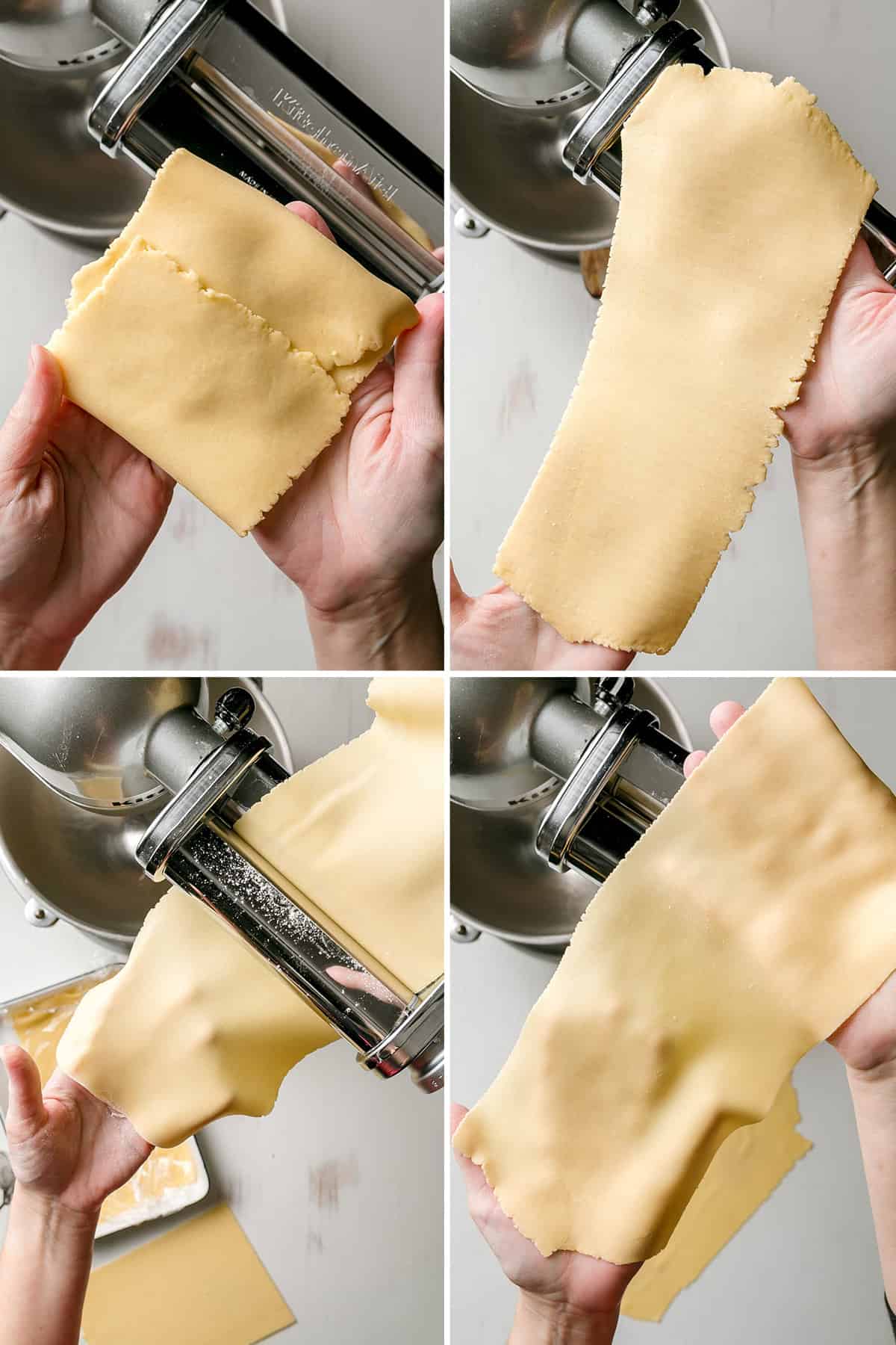 Pasta dough passing through pasta roller attached to stand mixer. 