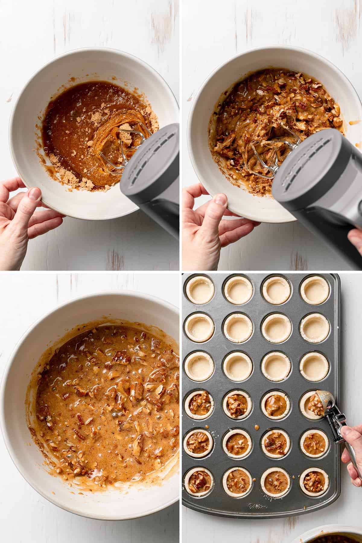 Mixing pecan filling in bowl, scooping filling into pastry cups.