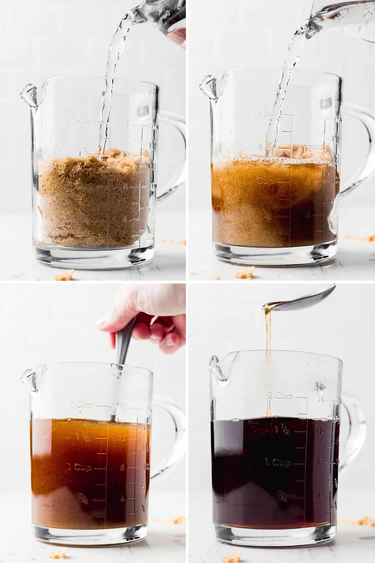 Brown sugar and water in a glass measuring cup, stirred with spoon.
