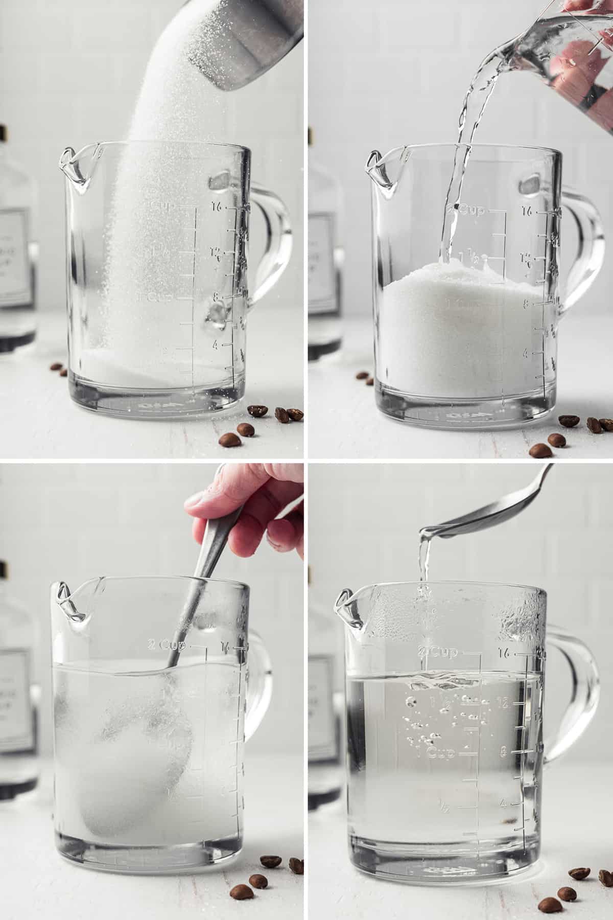 Sugar poured into glass measuring cup, stirred with water.