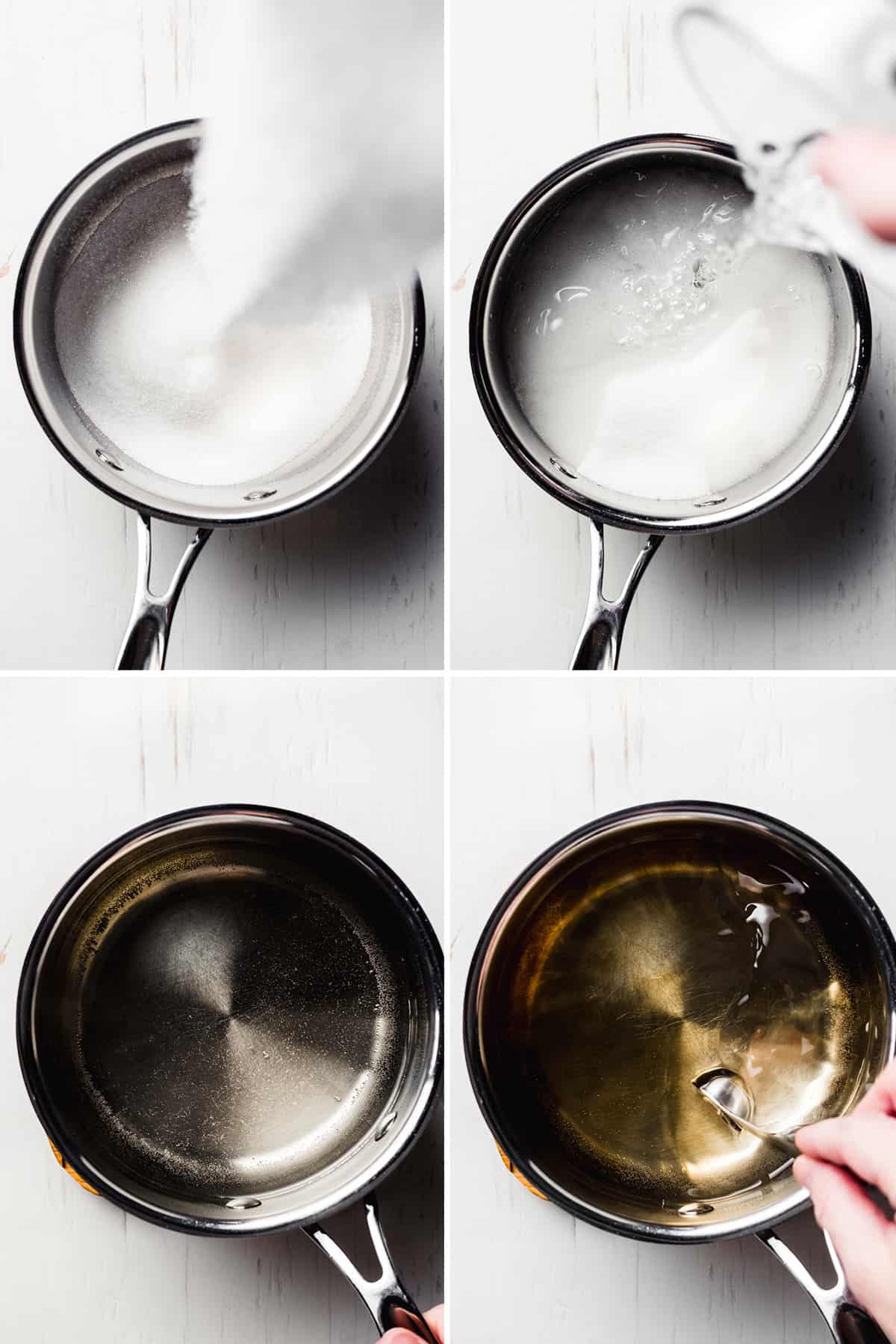 Adding sugar, water, and vanilla to a small saucepan.