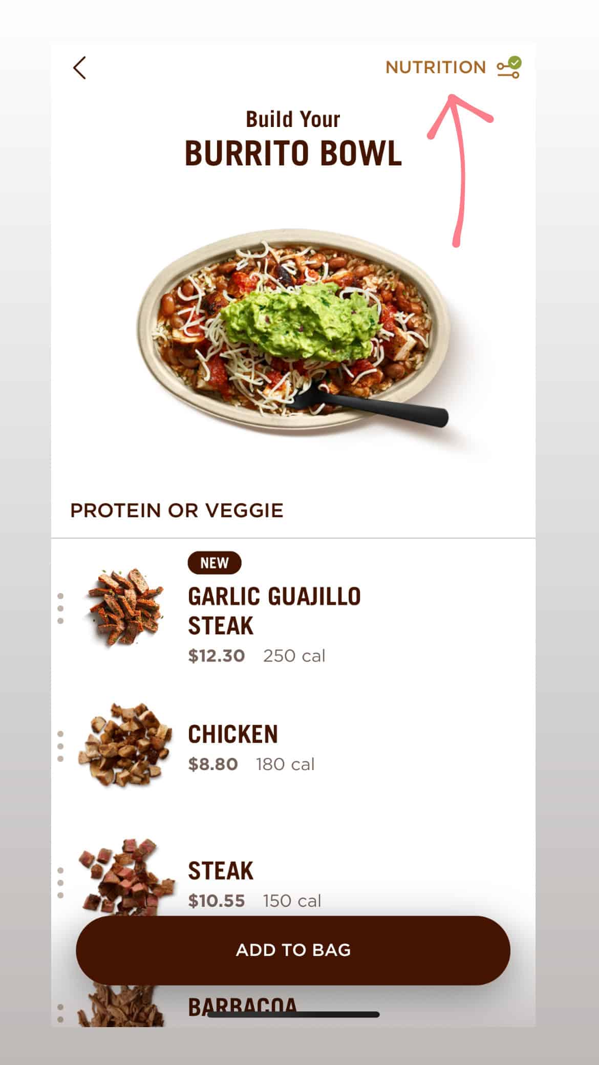 Screenshot of chipotle app with arrow pointing to nutrition tab.