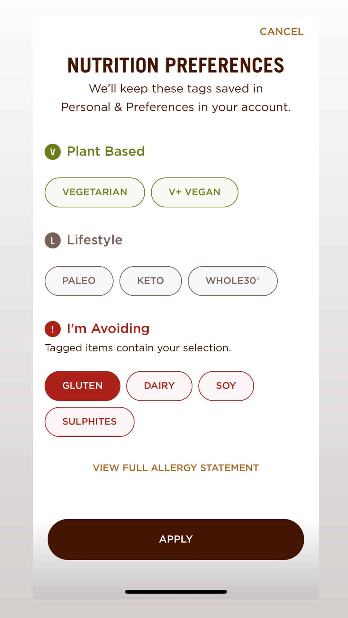 Screenshot of chipotle app showing nutrition preferences selectors.