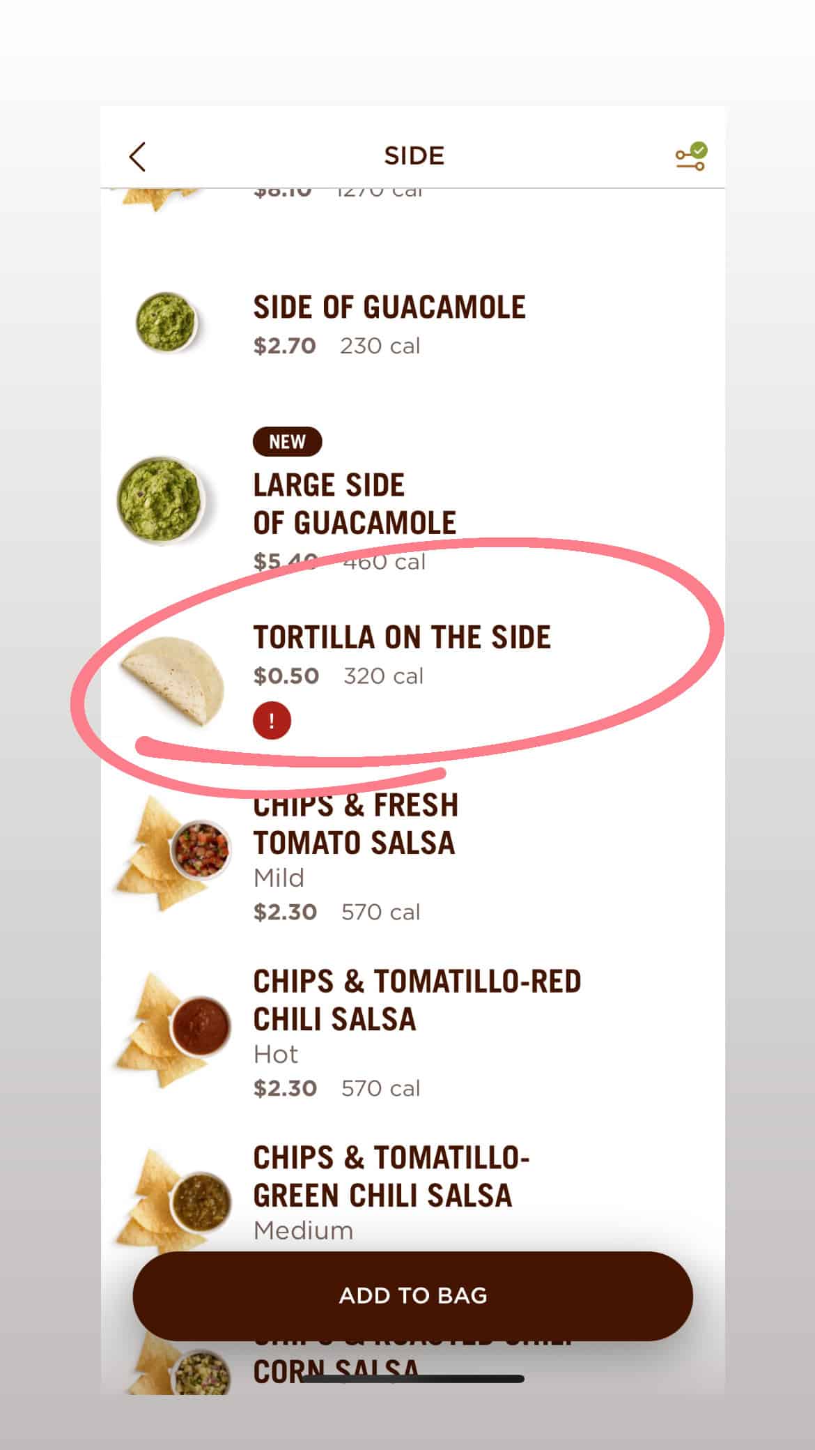 Screenshot of chipotle app showing an item with gluten that has the red exclamation point next to it.