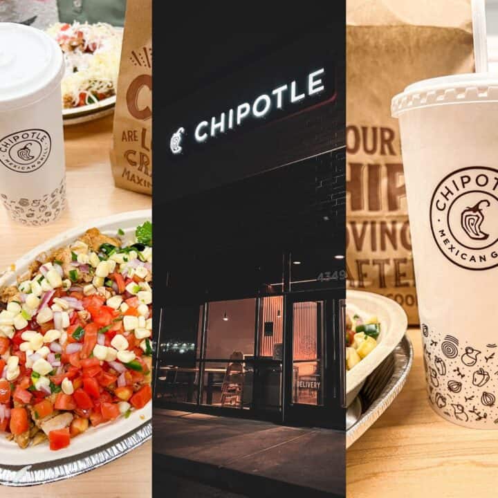 Chipotle store front at night flanked by a chipotle burrito bowl and a fountain drink cup.