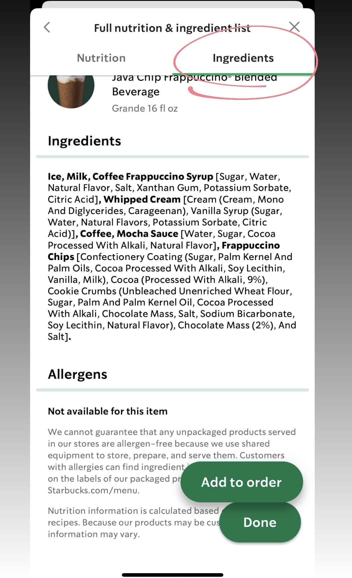 Screenshot of Starbucks app with nutrition tab circled.