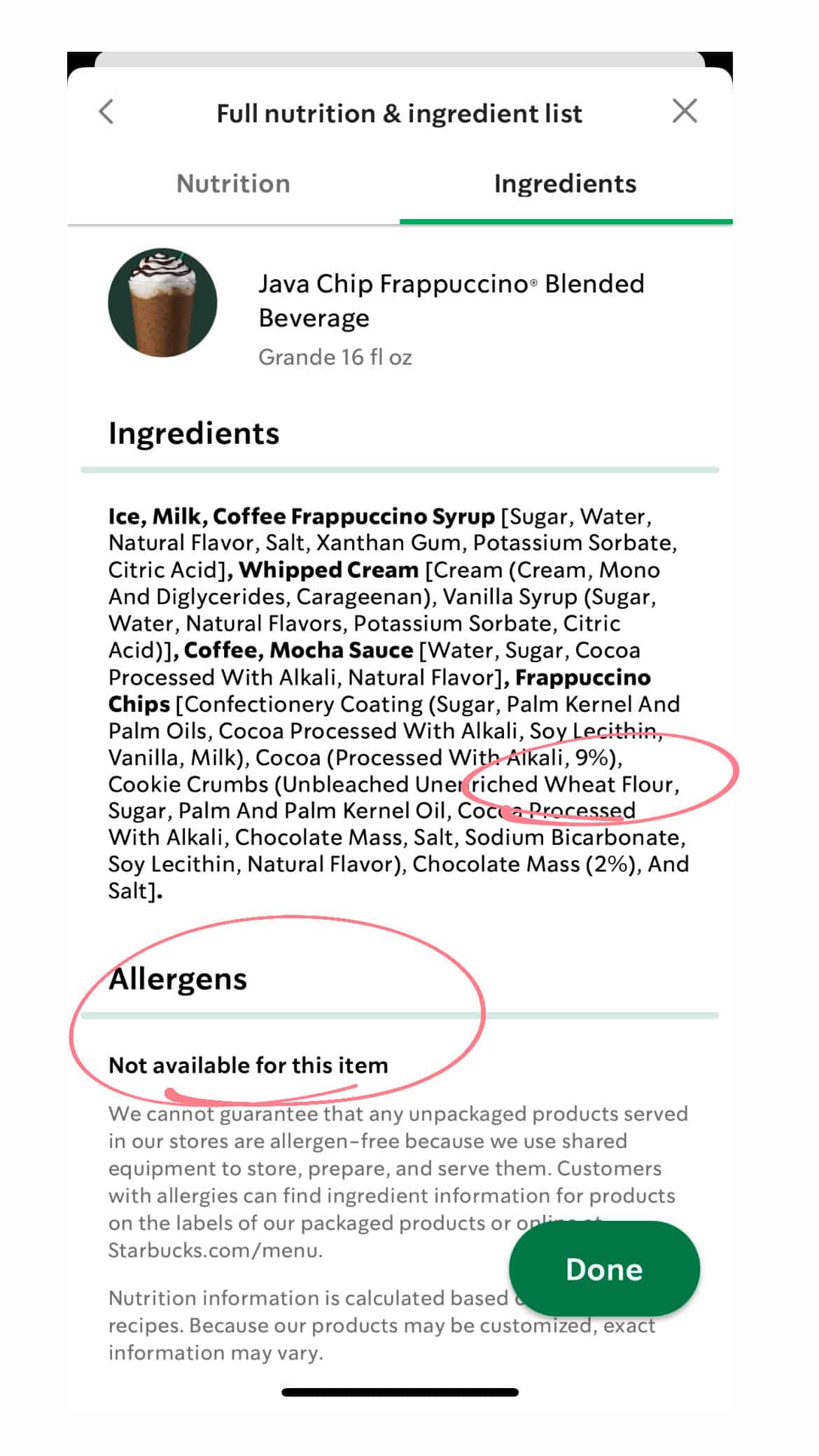 Screenshot of Starbucks App with wheat circled in ingredients list and allergen section without wheat circled.