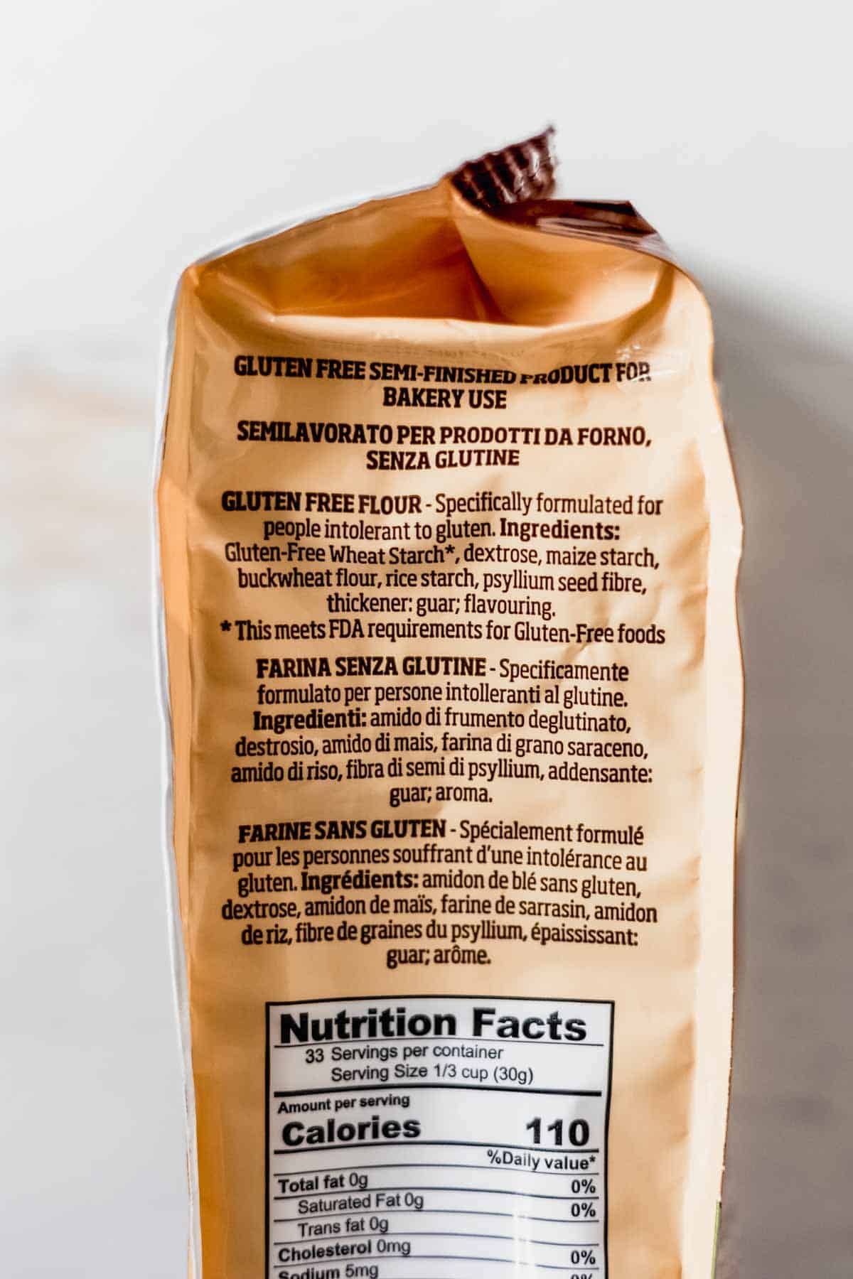 Side of Caputo Fioreglut bag showing list of ingredients.