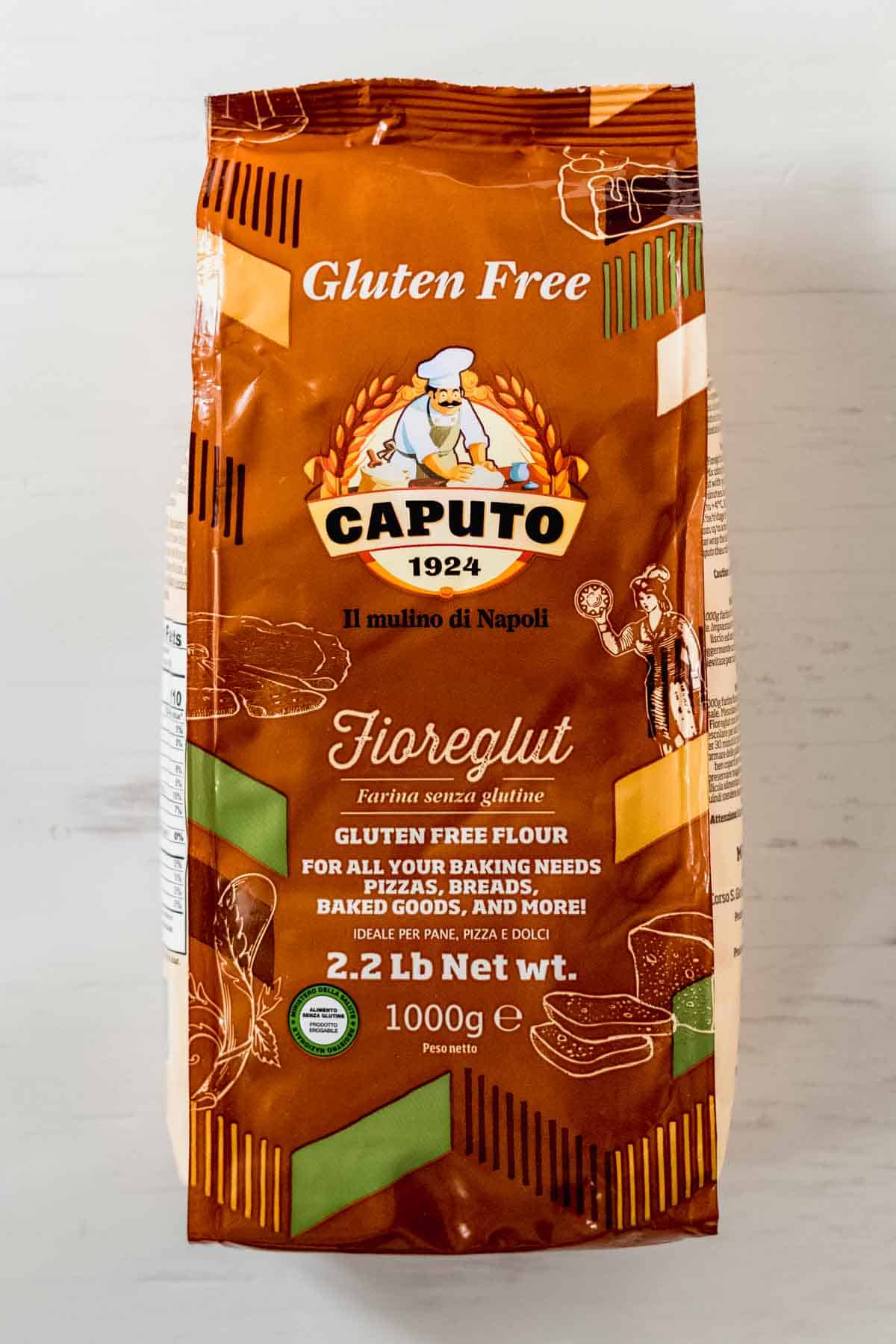 A bag of Caputo gluten free flour on wooden surface.