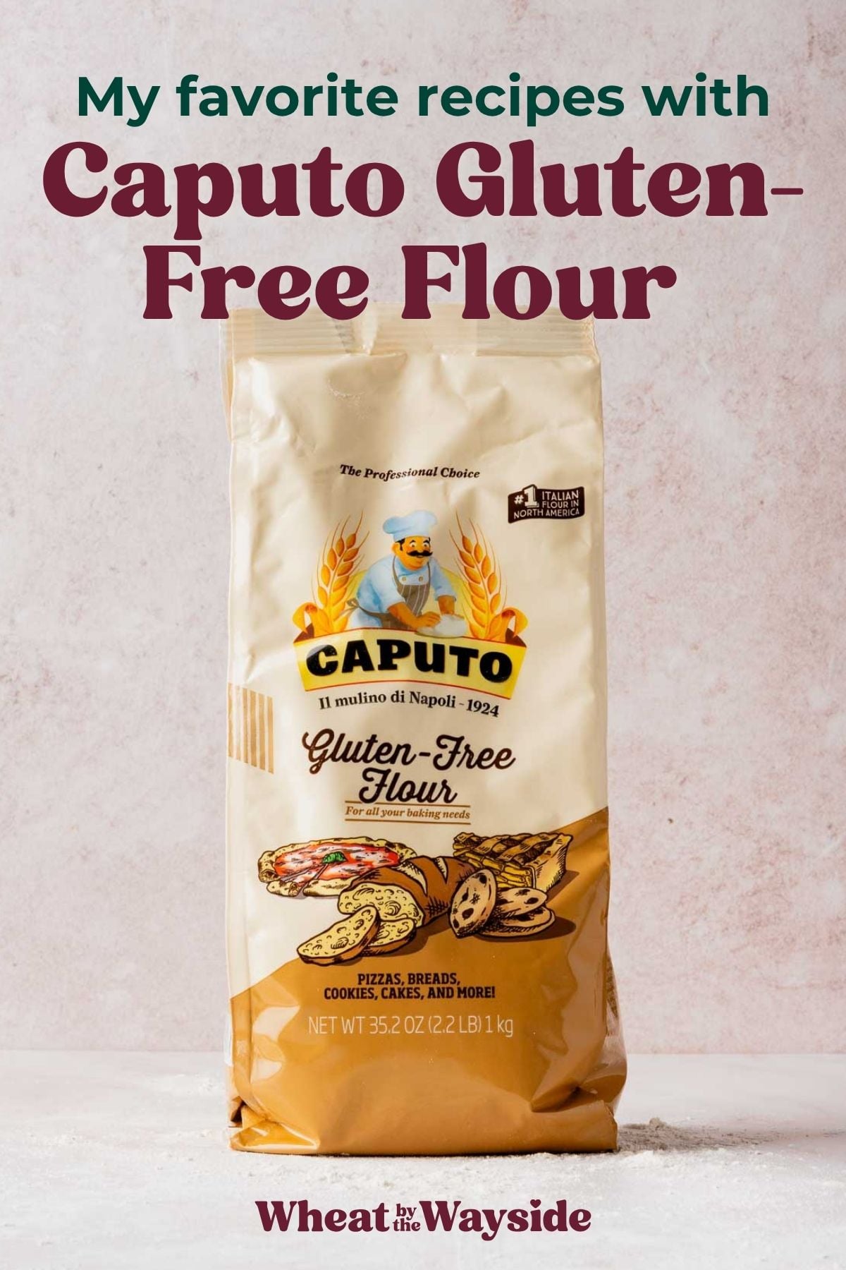 Bag of Caputo Gluten-Free Flour on Pink Backdrop.