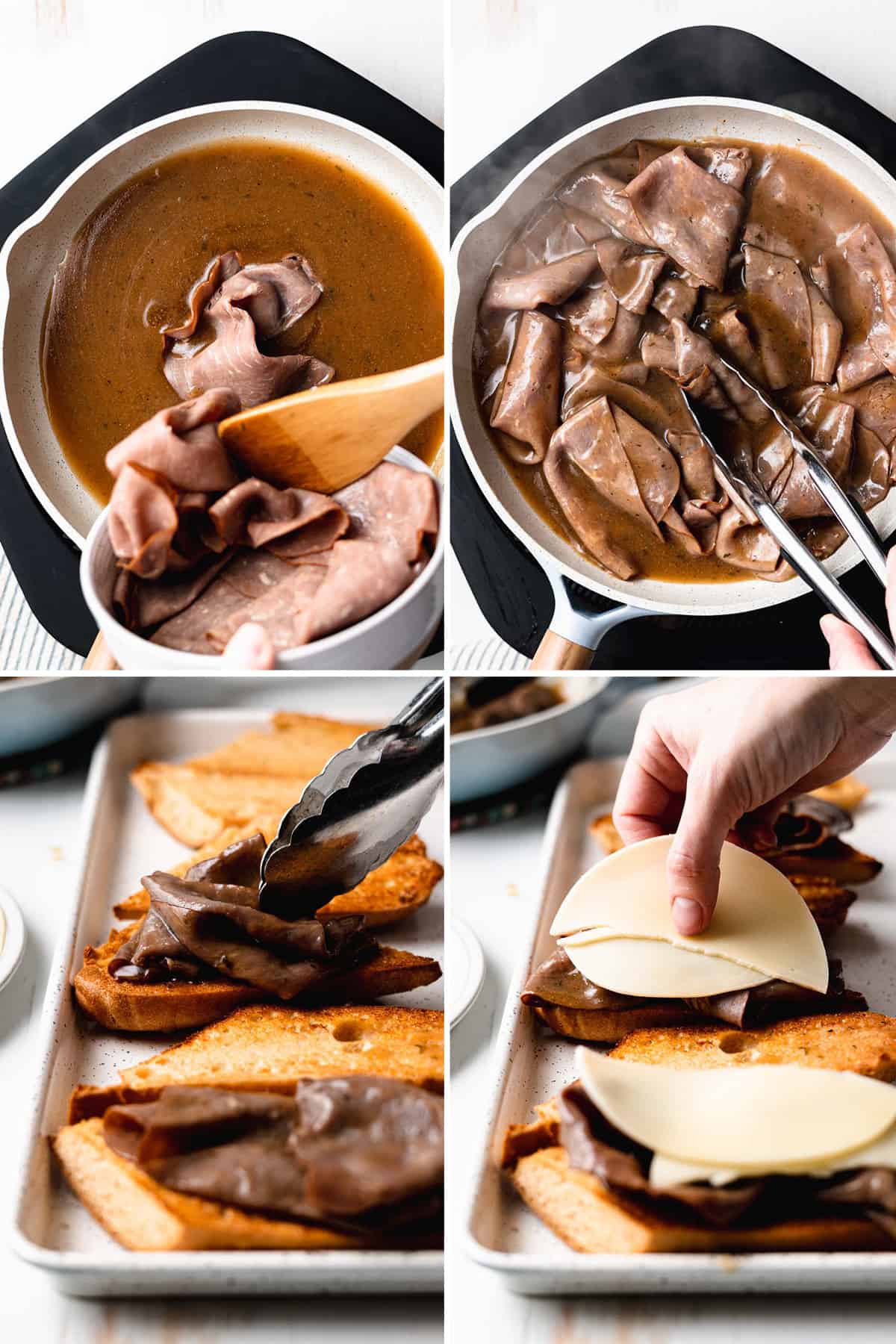 Image collage: placing roast beef in pan with au jus, tossing beef with au jus, placing beef on toasted rolls, placing cheese on top of the beef. 