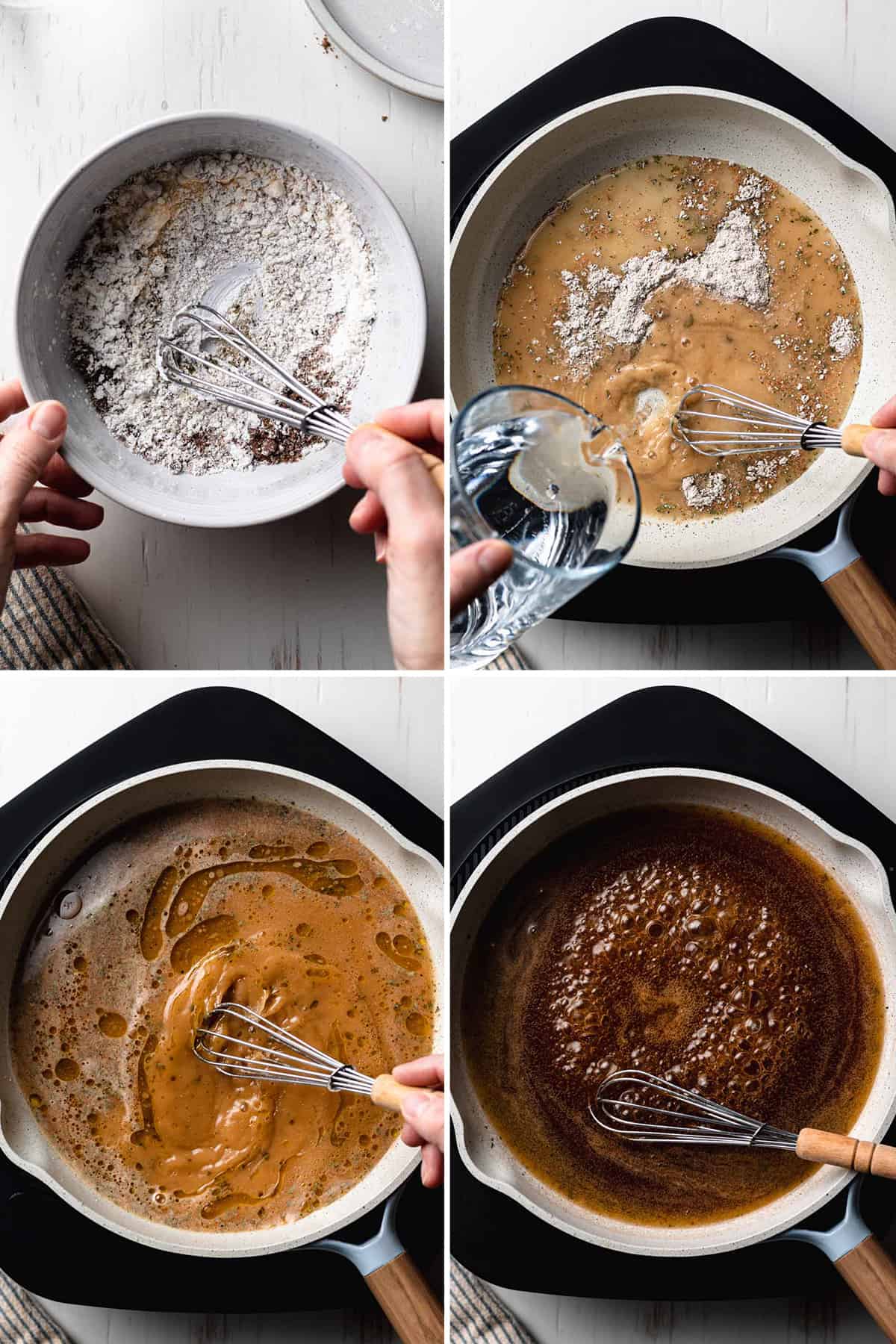 Image collage showing ingredients whisked in bowl, au jus sauce then whisked in pan and bubbling.