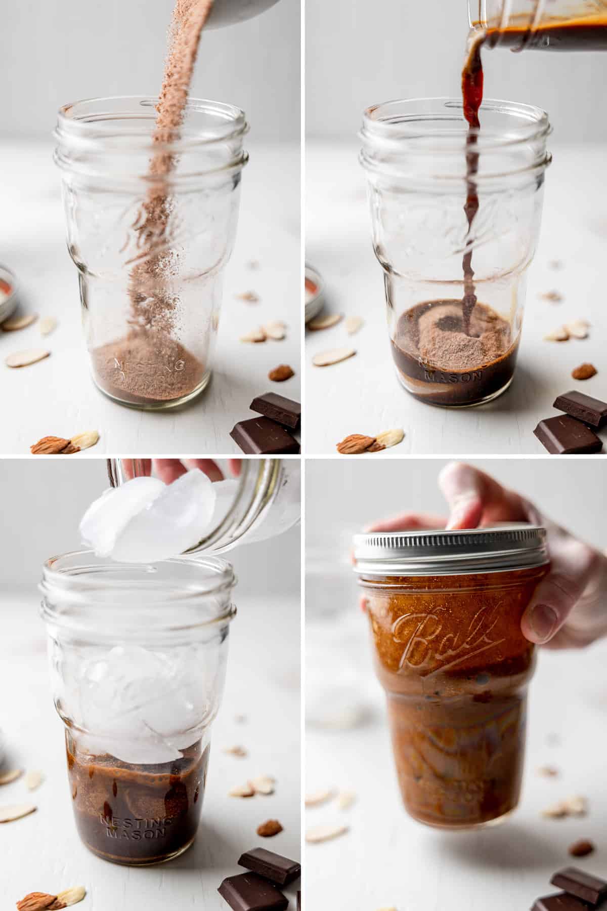 Pouring hot cocoa mix into glass, pouring in espresso and ice, shaking jar with lid on.