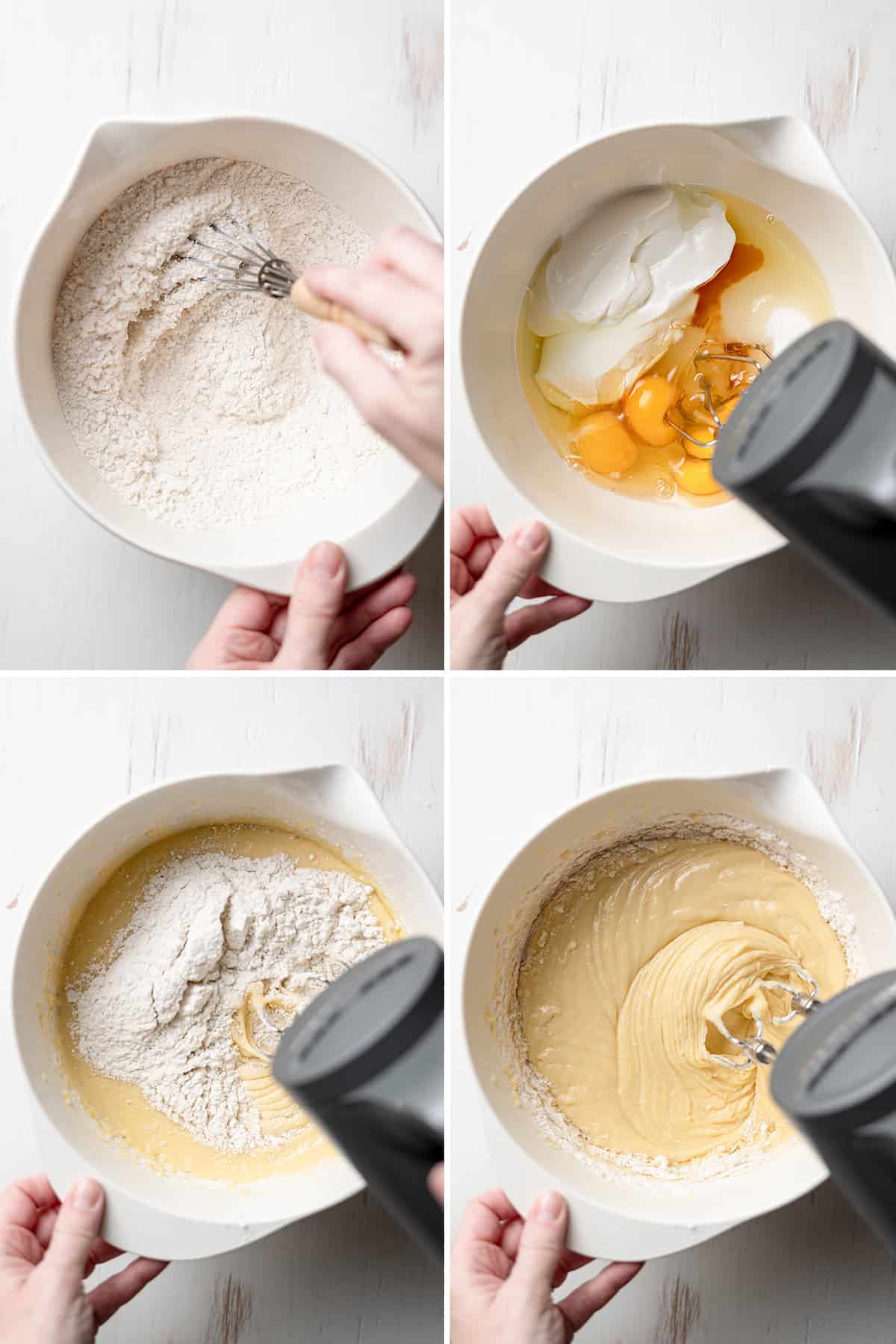 Hand mixer in bowl with cake ingredients mixing together. 