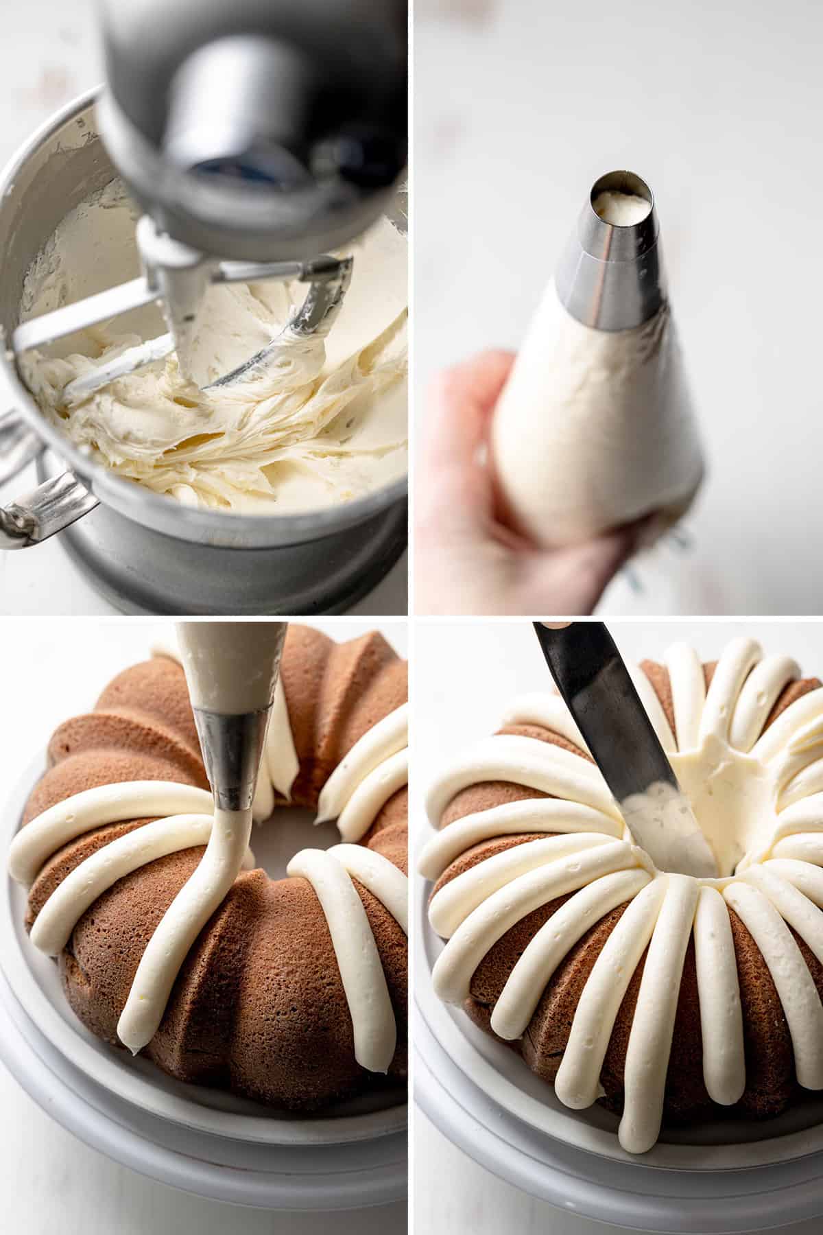 Image collage: Cream cheese frosting in mixer bowl, icing in piping bag with round tip, piping lines on bundt cake, and spatula smoothing center hole.