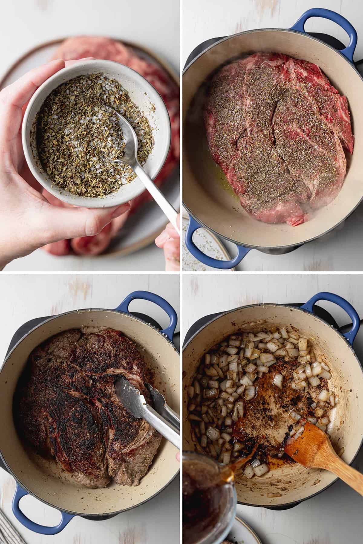 Image collage showing seasonings in small bowl, beef in large blue pot, beef seared on one side in pot, onions sautéing in pot.