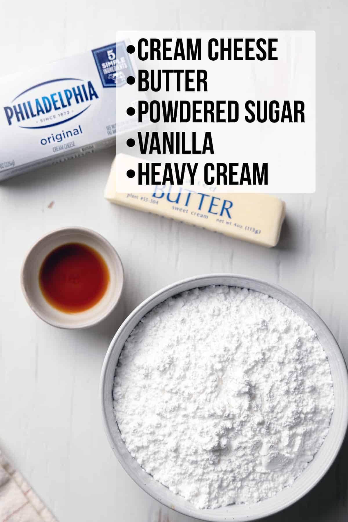 Ingredients for cream cheese icing labeled, on white surface.