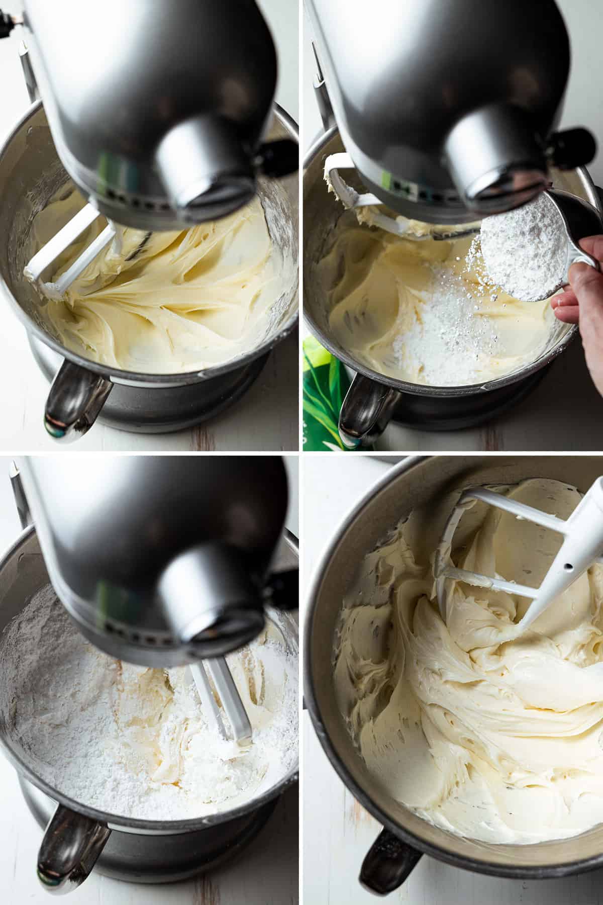 Mixing cream cheese icing bowl of stand mixer.