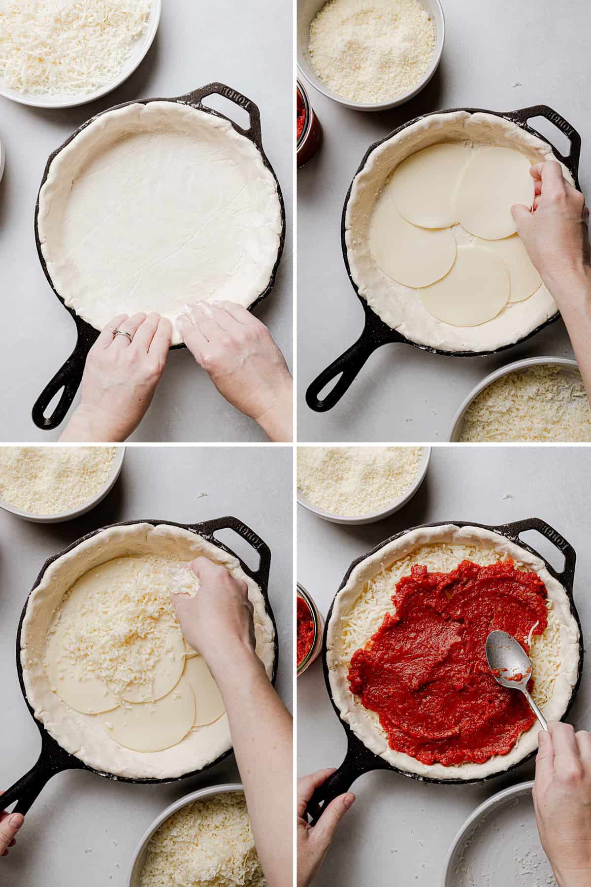 Layering cheese and then tomato sauce on top of the prepared crust.