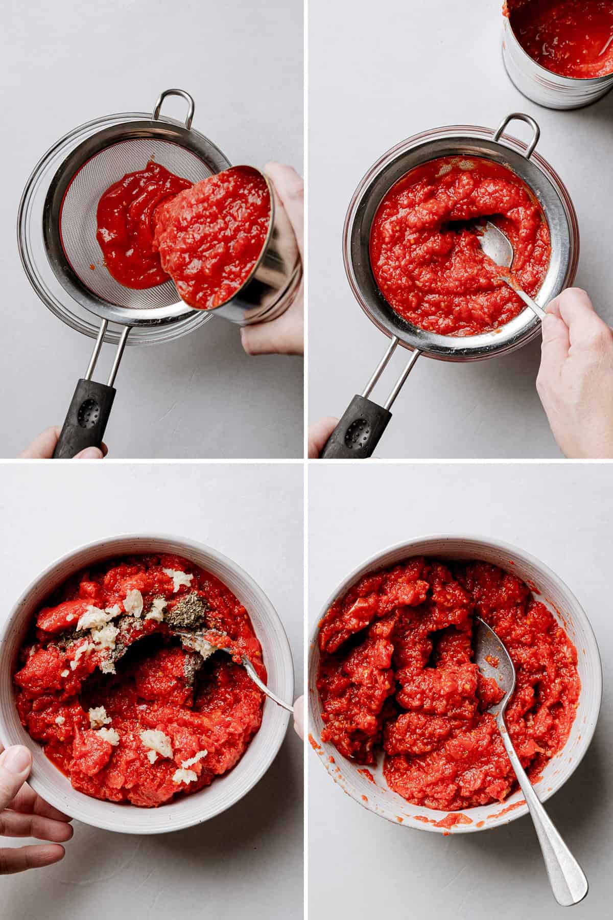 Images showing tomatoes strained in mesh strainer, spoon pushing out liquid, spices stirred into the crushed tomatoes.