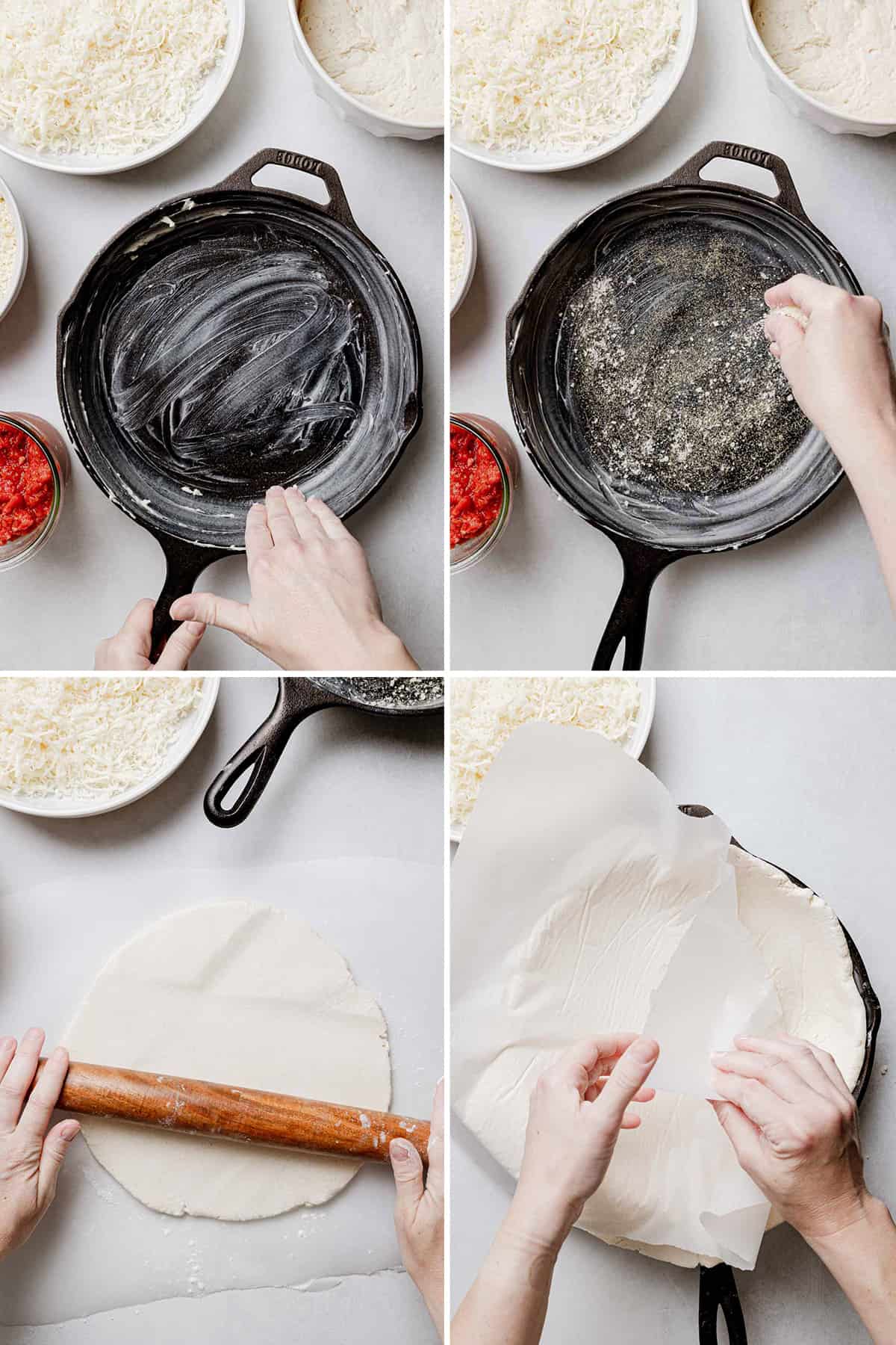 Prepping the cast iron pan with butter, rolling the dough and placing in the pan.