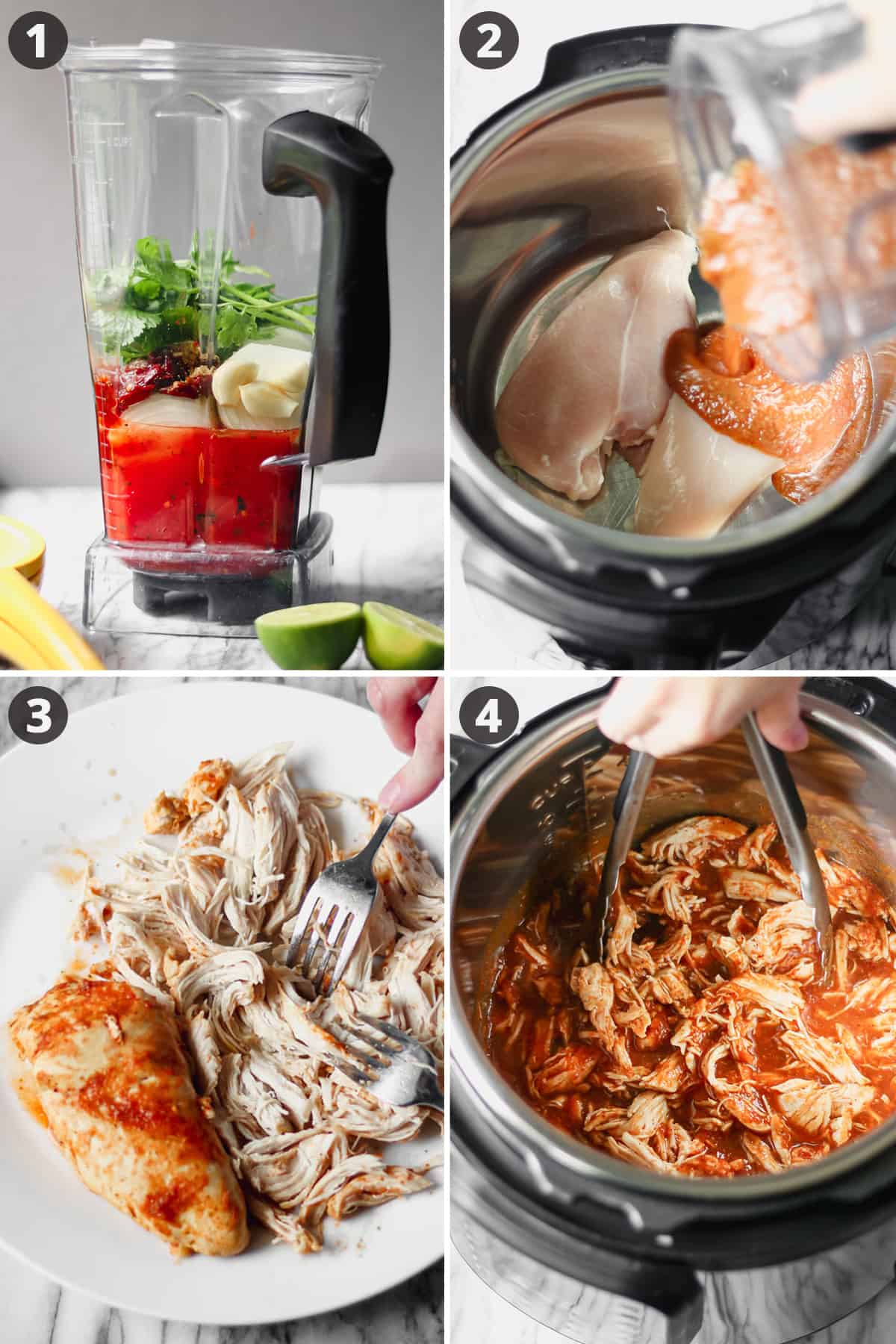 Collage of four images: sauce ingredients in blender jar, sauce pouring over chicken in instant pot, two forks shredding chicken, tongs tossing chicken in sauce.