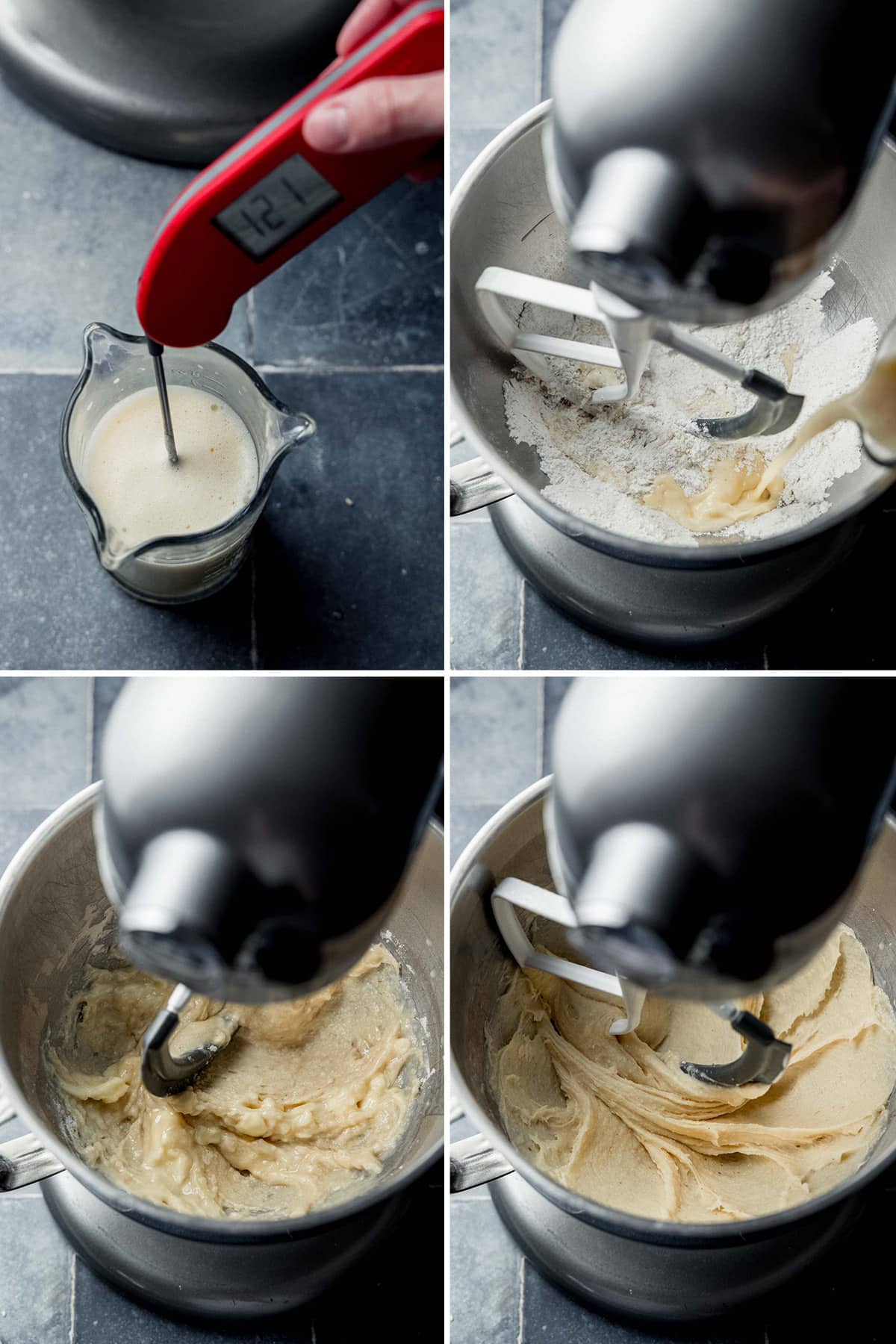 Image collage: measuring temperature of liquids, pouring milk into stand mixer bowl with dry ingredients, mixer mixing the batter.