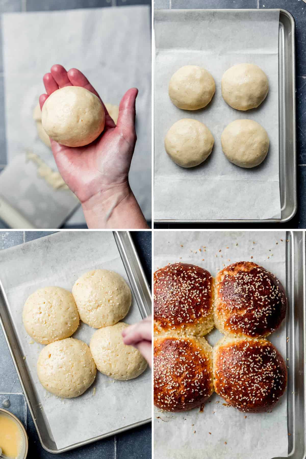 collage of four images; ball of dough in hand, four balls of dough on baking sheet, sprinkling sesame seeds on risen buns, baked golden brown buns on baking sheet.