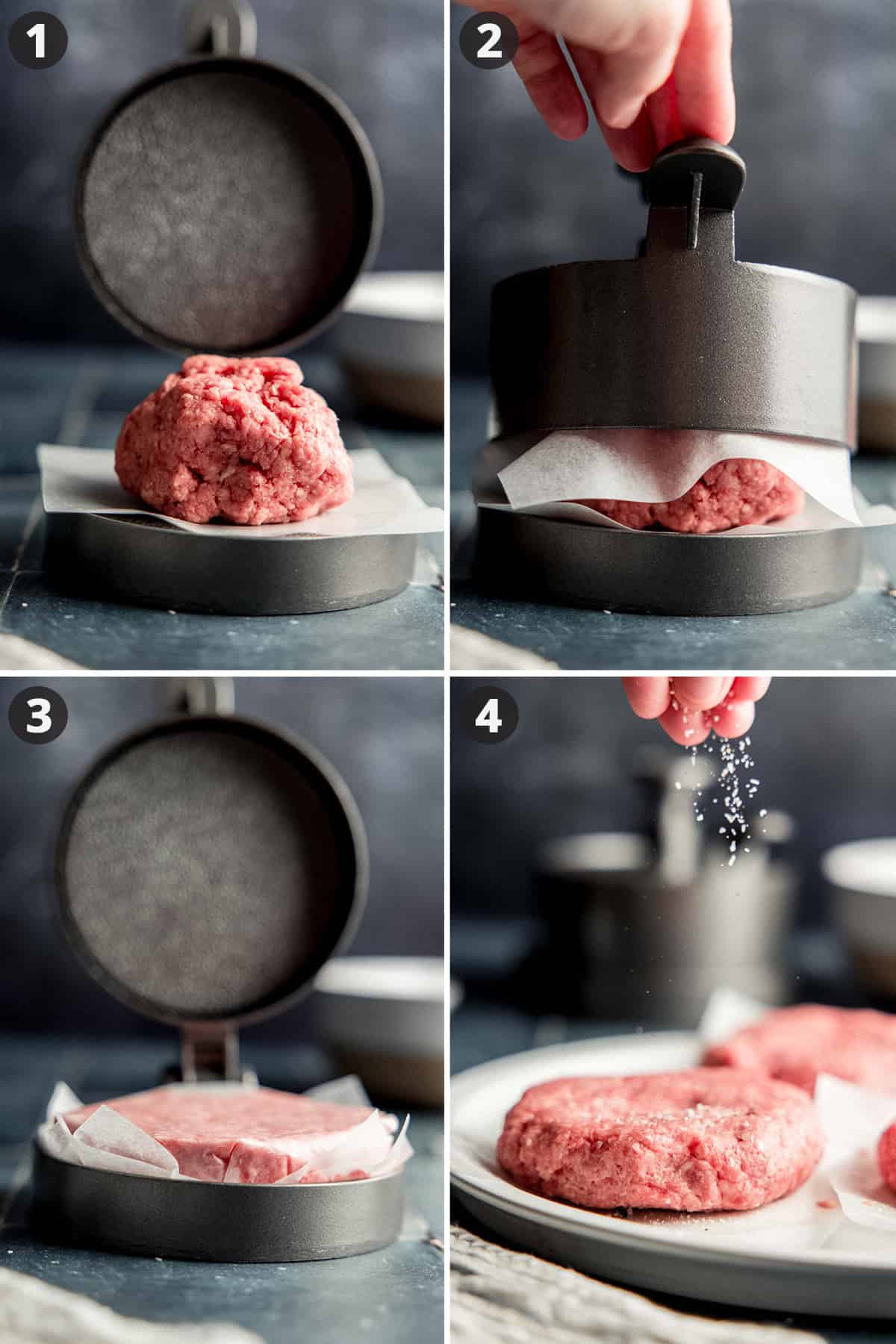 Collage of 4 images: Ground beef in a burger press with parchment paper. Lid pressed down on burger patty. Formed burger patty.. Salt sprinkled on patty.