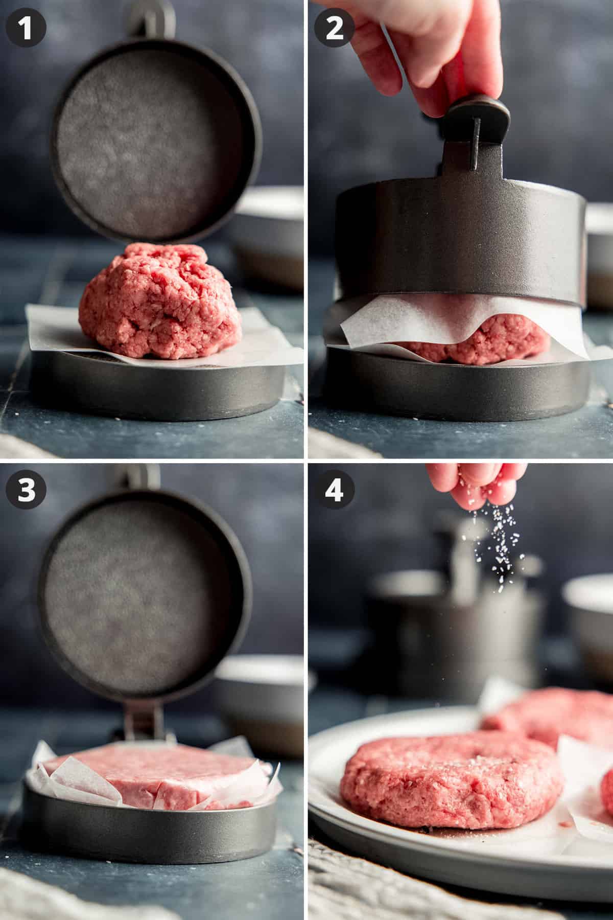 Collage de 4 imágenes: carne molida en una prensa para hamburguesas con papel encerado. Tapa presionada sobre la hamburguesa. Hamburguesa formada. Sal espolvoreada sobre la hamburguesa.