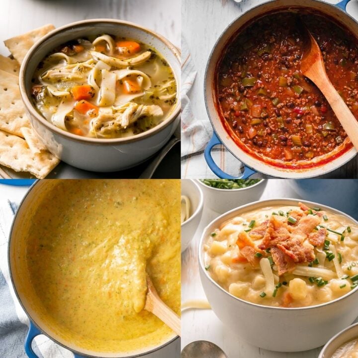 Image collage of gluten-free soups: chicken noodle, chili, broccoli cheddar, and potato soup.