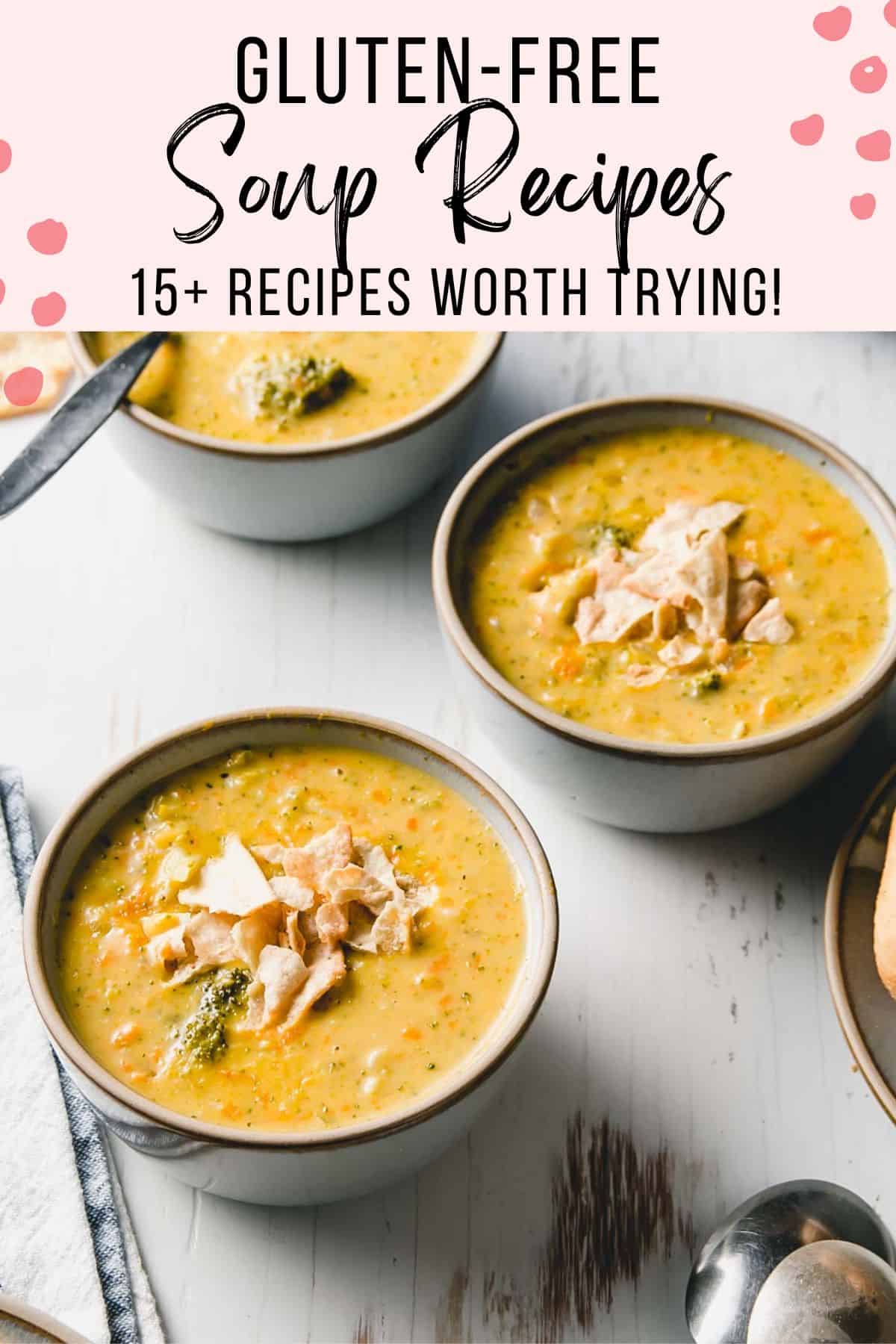 Three bowls of gluten-free broccoli cheddar soup garnished with crackers.