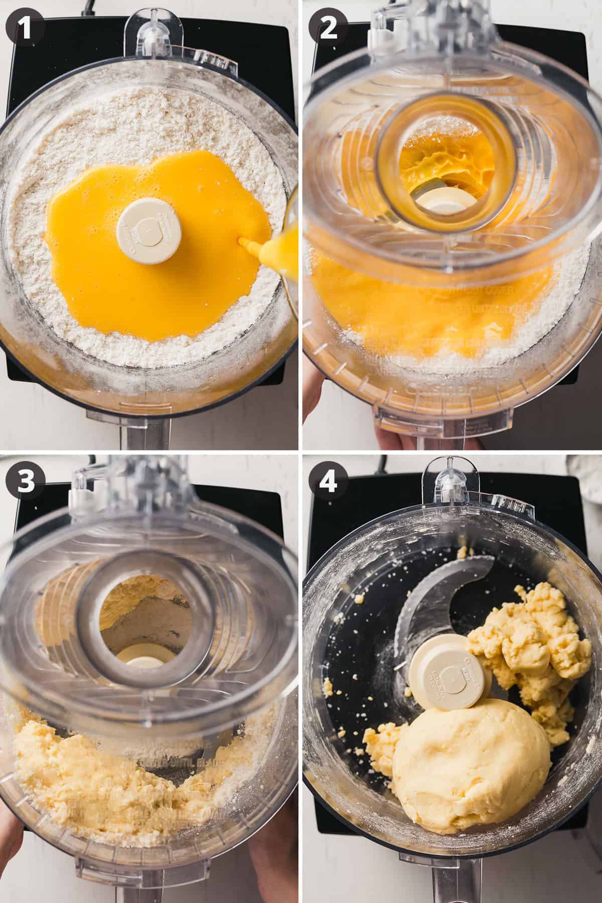 Image collage: A food processor bowl with flour and blended eggs, pasta dough formed into a ball.