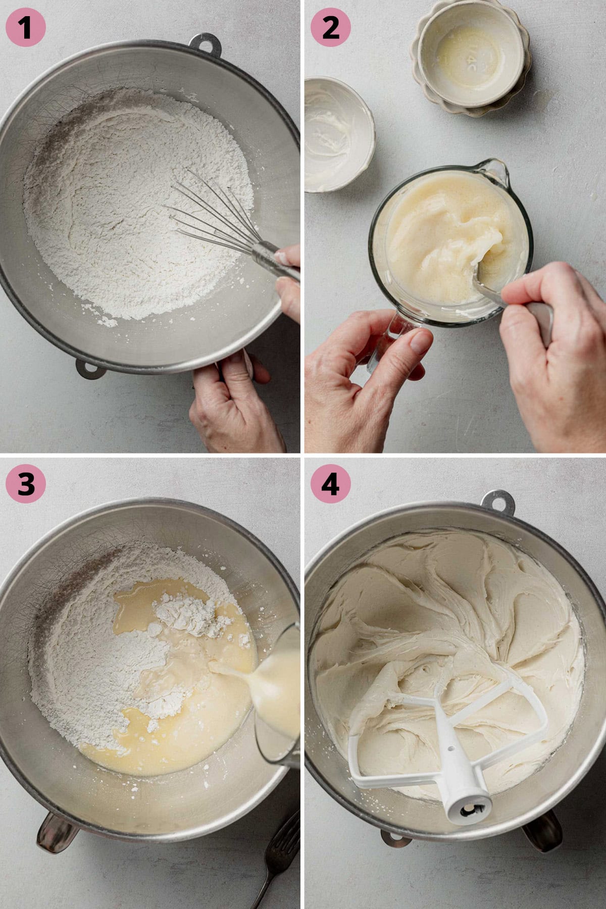 Mixing the dough for gluten-free sandwich bread in a stand mixer bowl.