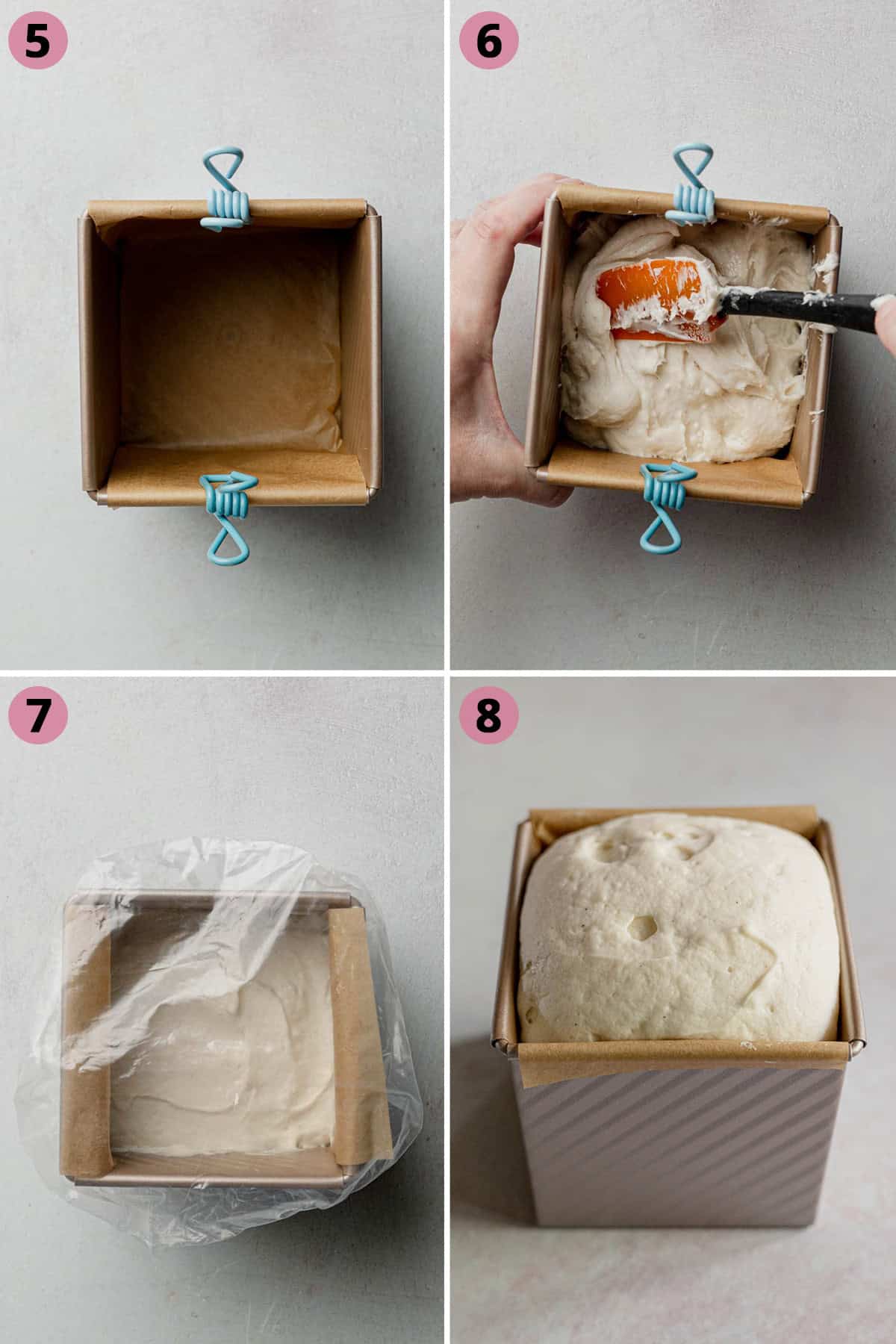 Steps showing the gluten-free sandwich loaf dough in a half pullman loaf pan from batter to the risen dough.