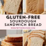Slices of gluten-free sourdough sandwich bread, a full loaf also pictured.