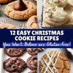Four gluten-free Christmas cookies: peanut butter blossoms, frosted sugar cookies, double chocolate chip cookies, and decorated gingerbread cookies.