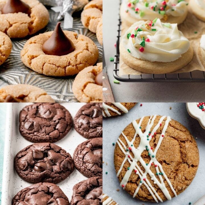 Four gluten-free Christmas cookies: peanut butter blossoms, frosted sugar cookies, double chocolate chip cookies, and decorated gingerbread cookies.