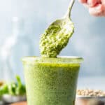 Pesto sauce without pine nuts drips from spoon into small jar.