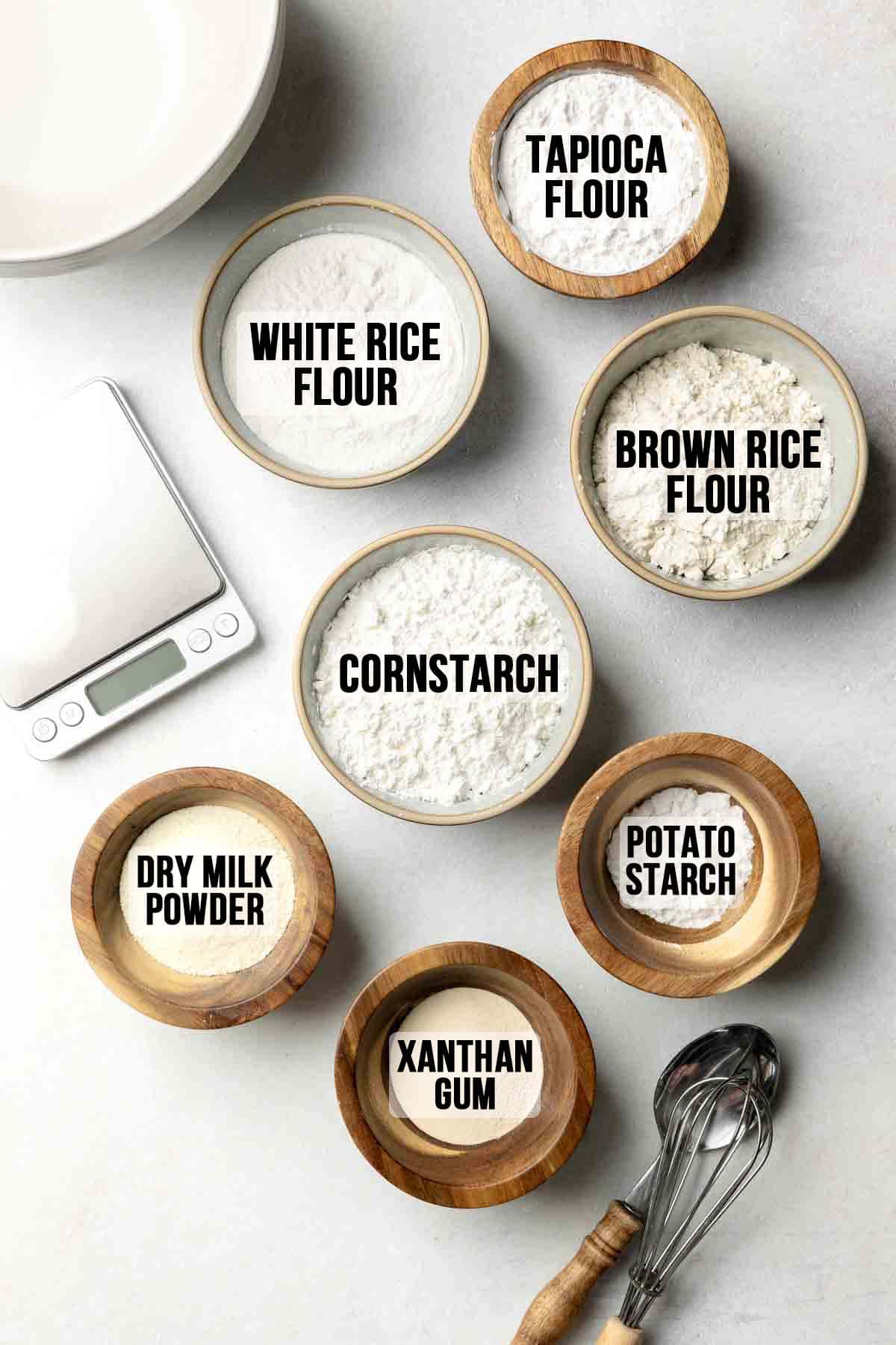 Ingredients for the original Cup4Cup gluten free flour blend measured out in bowls. 