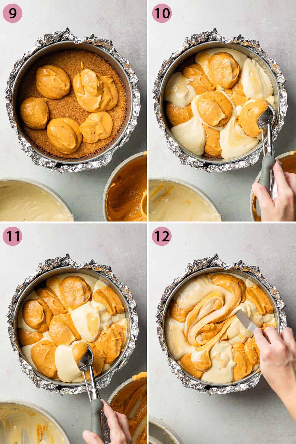 Steps showing alternating dollops of pumpkin batter and cheesecake batter going into springform pan, then swirled with offset spatula.