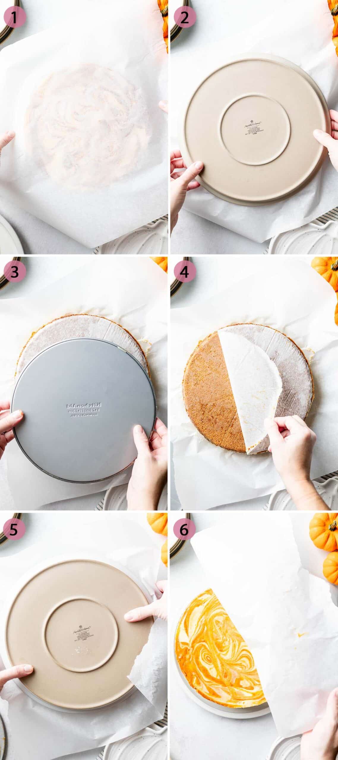 Steps showing how to flip the cheesecake over onto plate, remove the bottom, and then flip back over onto a different serving plate.