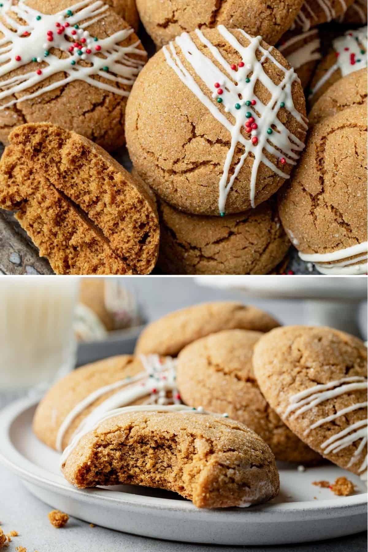 A plate of soft gluten-free ginger molasses cookies, one broken in half. A bite taken from a soft gluten-free gingerbread cookie.