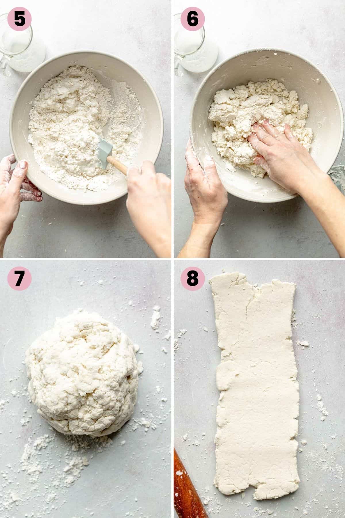 Hand mixing ingredients in bowl, biscuit dough ball on surface, biscuit dough rolled into rectangle.