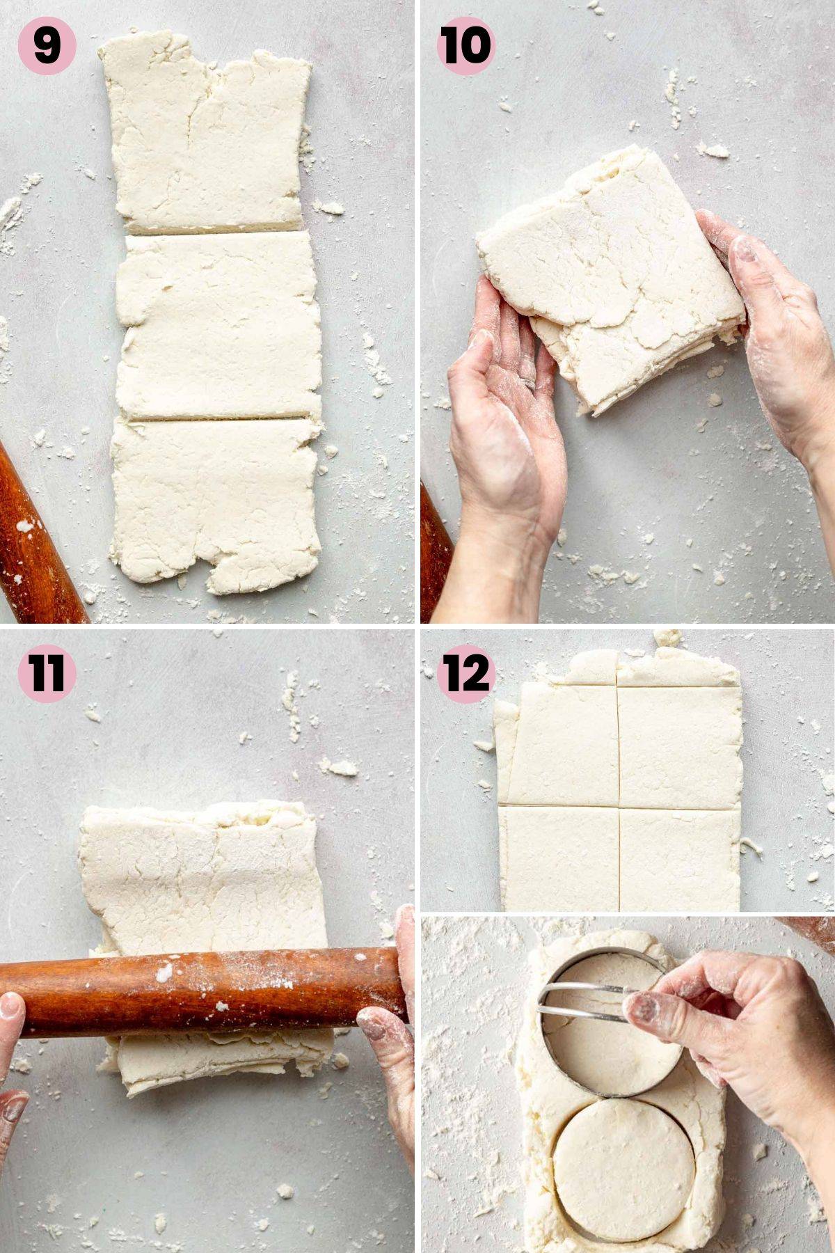 Biscuit dough on floured surface rolled into rectangle, cut into squares and circles.